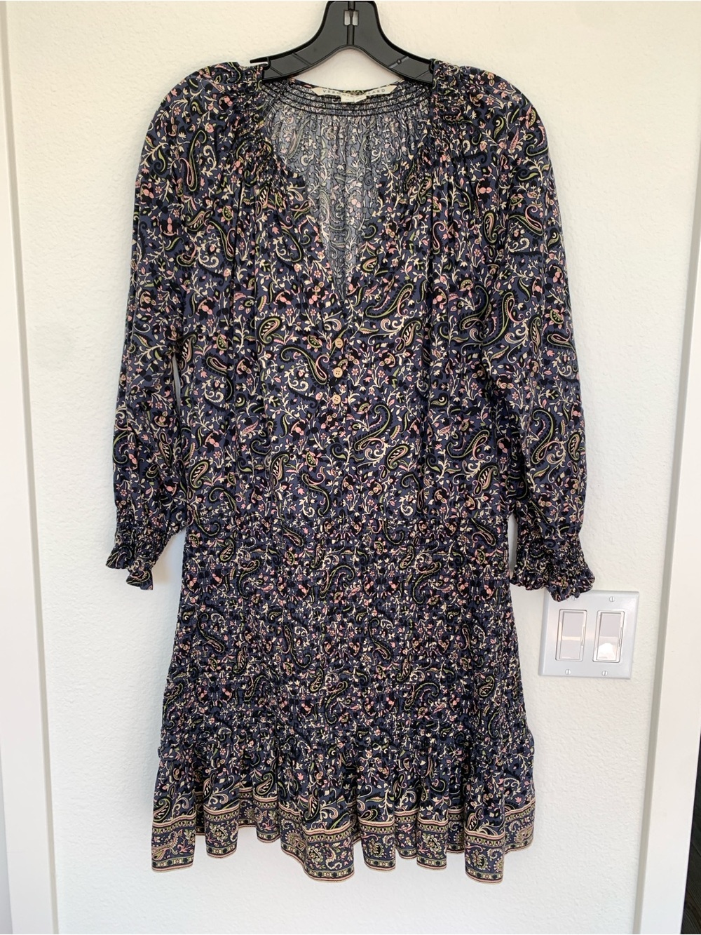 Veronica Beard Navy Paisley Long-Sleeve Tiered Dress
